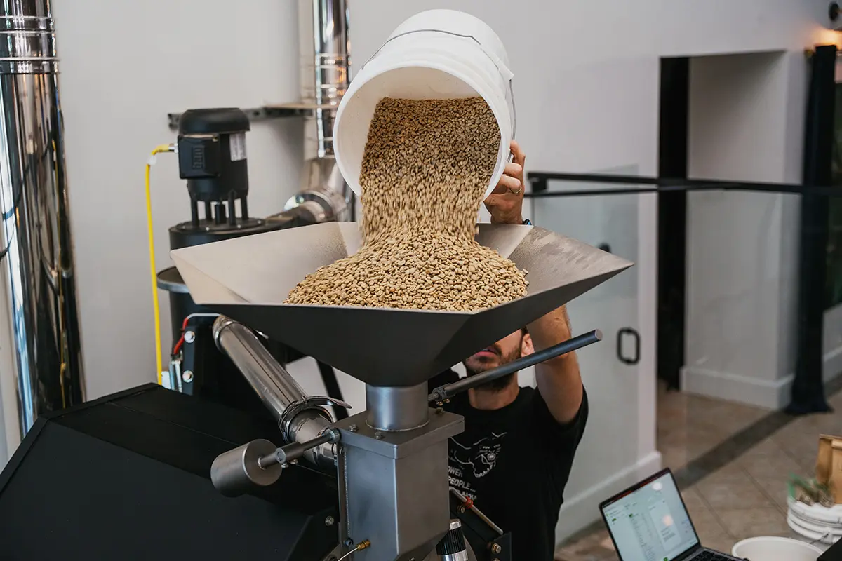 Pouring coffee beans into roaster